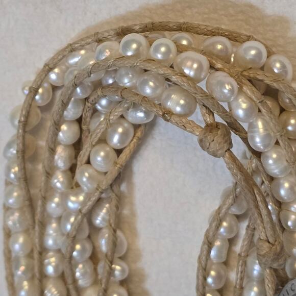 Victoria Emerson Tan Leather and Pearls Wrap Bracelet, 36" Long K338 New - Picture 5 of 6